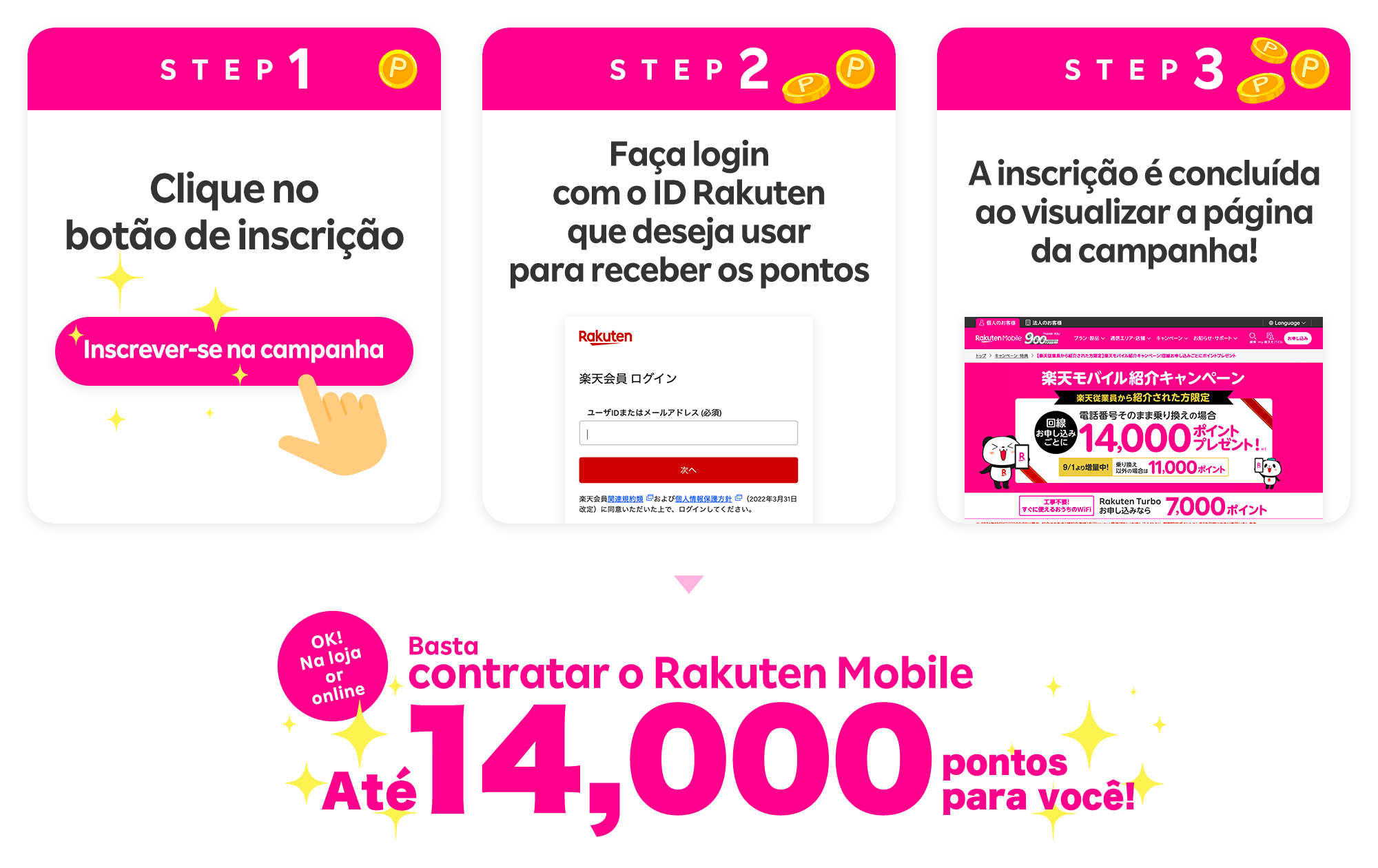 PASSO 1 Clique no botão de inscrição. Inscrever-se na campanha. PASSO 2 Faça login com o ID Rakuten para receber pontos. PASSO 3 A inscrição está completa ao visualizar a página da campanha! Depois é só contratar com a Rakuten Mobile! Até 14.000 pontos de presente.