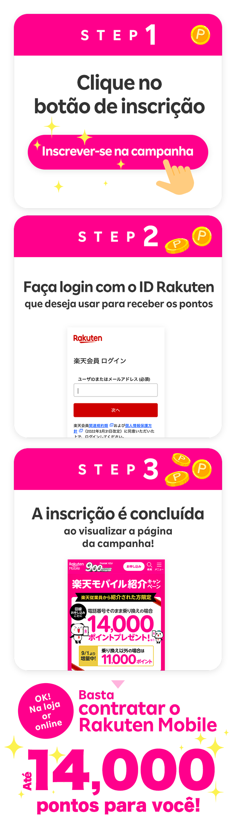 PASSO 1 Clique no botão de inscrição. Inscrever-se na campanha. PASSO 2 Faça login com o ID Rakuten para receber pontos. PASSO 3 A inscrição está completa ao visualizar a página da campanha! Depois é só contratar com a Rakuten Mobile! Até 14.000 pontos de presente.